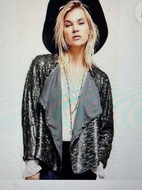Free people Metallic Sequin asymmetrical Draped Jacket in Silver